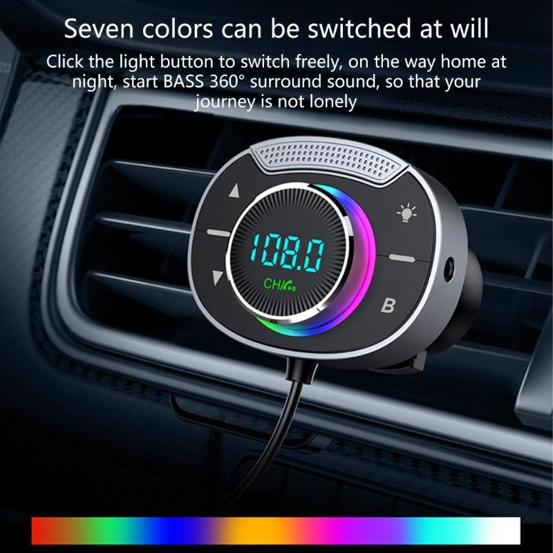 FM Transmitter with Bass Boosters Voice Assistant Radio Adapter Support Card U-disk MP3 Player Air Vent Installation