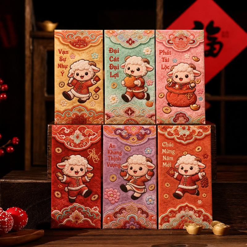 Cute 3D Sheep Red Pockets Colorful Vietnamese Wishes Print for Tet Family Gifting Occasions