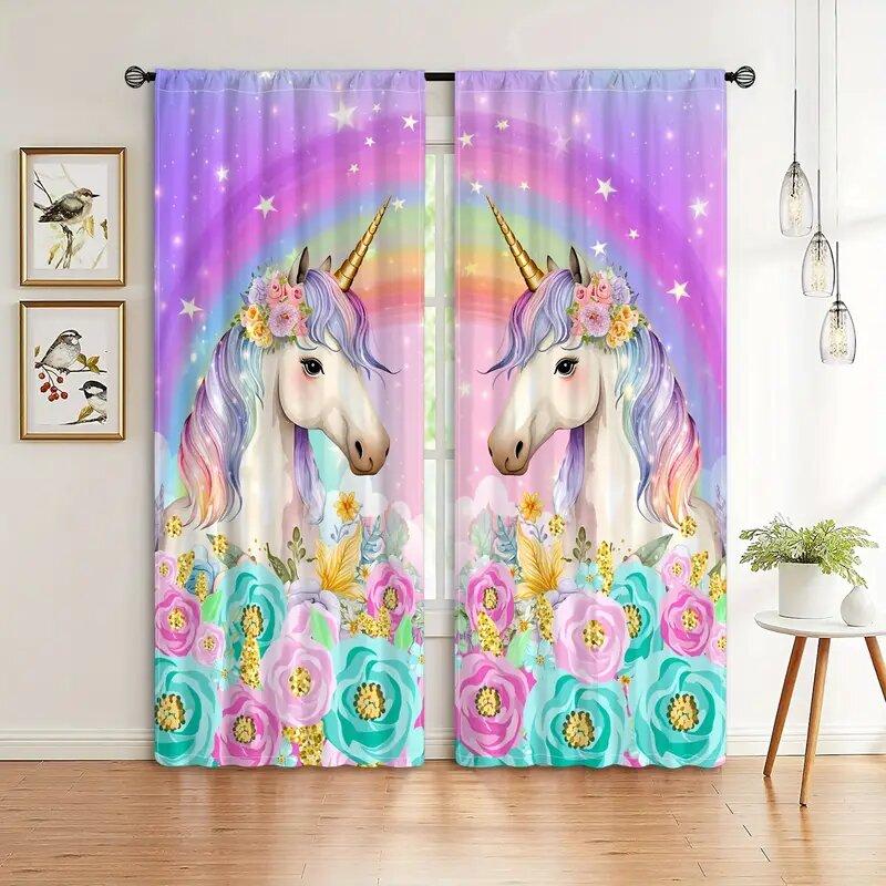 2 Pieces of Rainbow Flower Unicorn Printed Curtains, Pole Bag Curtains 30*65, Home Decoration, Room Decoration
