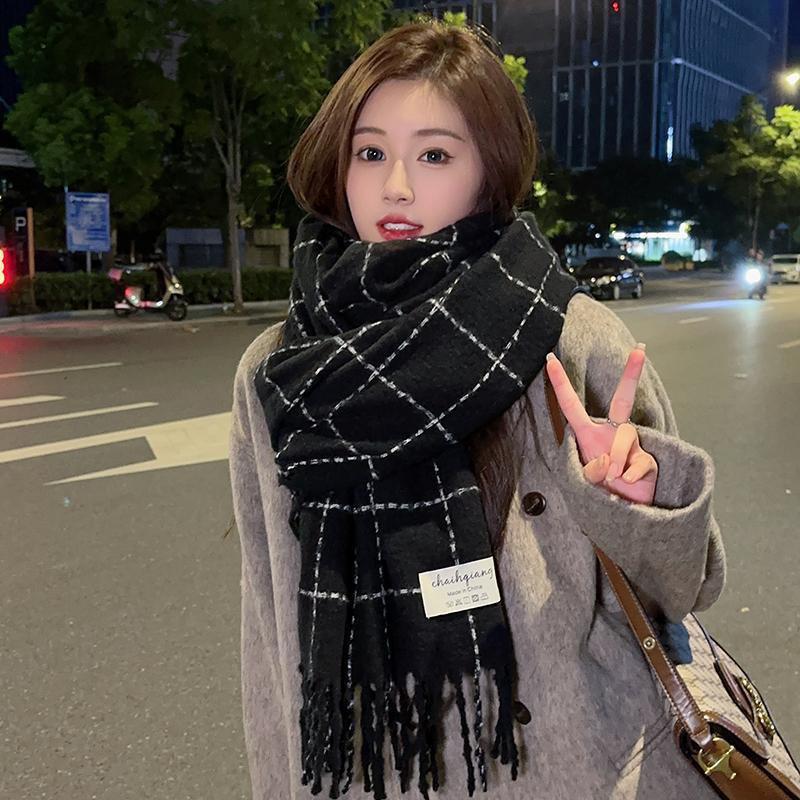 Korean Style Withered Rose Plaid Imitation Cashmere Scarf - Women's Winter Christmas Red Shawl