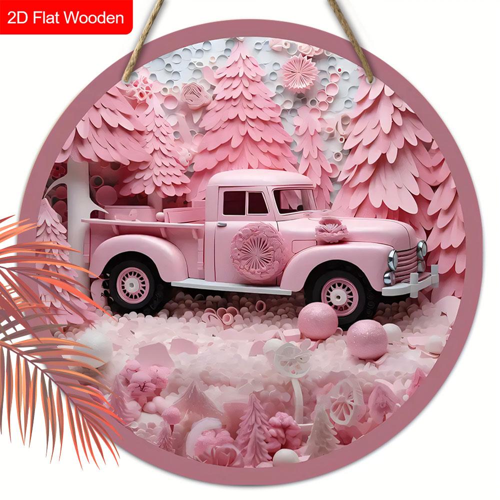 

Pink Christmas Wooden Sign with Pickup Truck Pattern - Navidad Round Sign for Front Door, Yard, Wall Hanging Decor - Ideal Christmas Gift 20cm/7.87in розовый