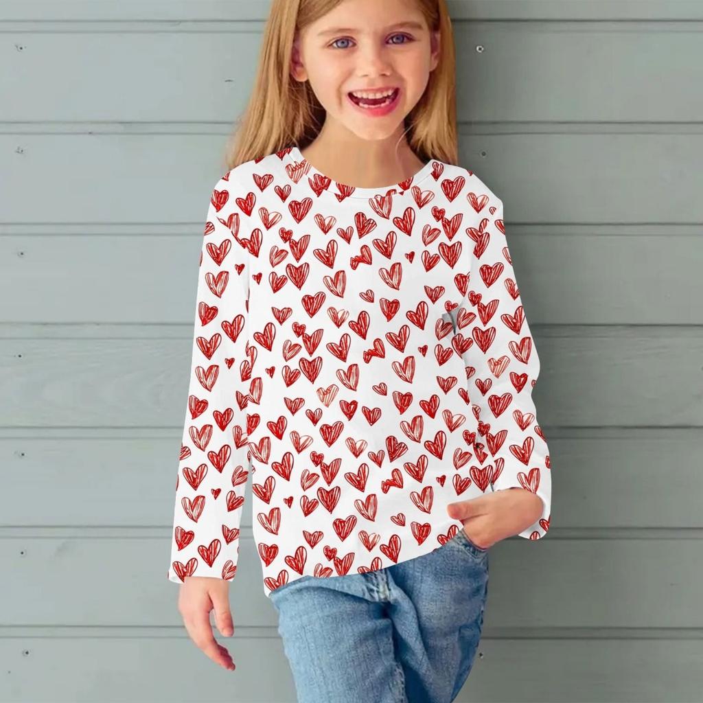 Fashion Children Casual Long Sleeved Letter Heart Pattern 3D Print Tops Funny Style Comfortable Round Neck Pullover Clothing
