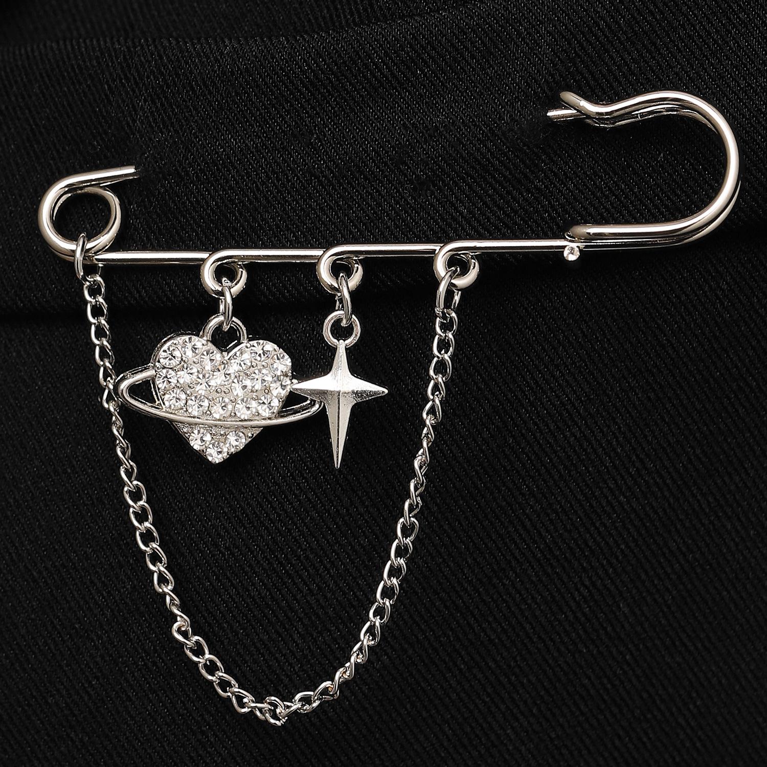 Hip-hop Trendy Shiny Zircon Evil Eye Cat Star Moon Key Pearl Charms Safety Pin Brooches for Women Suit Decorations Jewelry Gifts