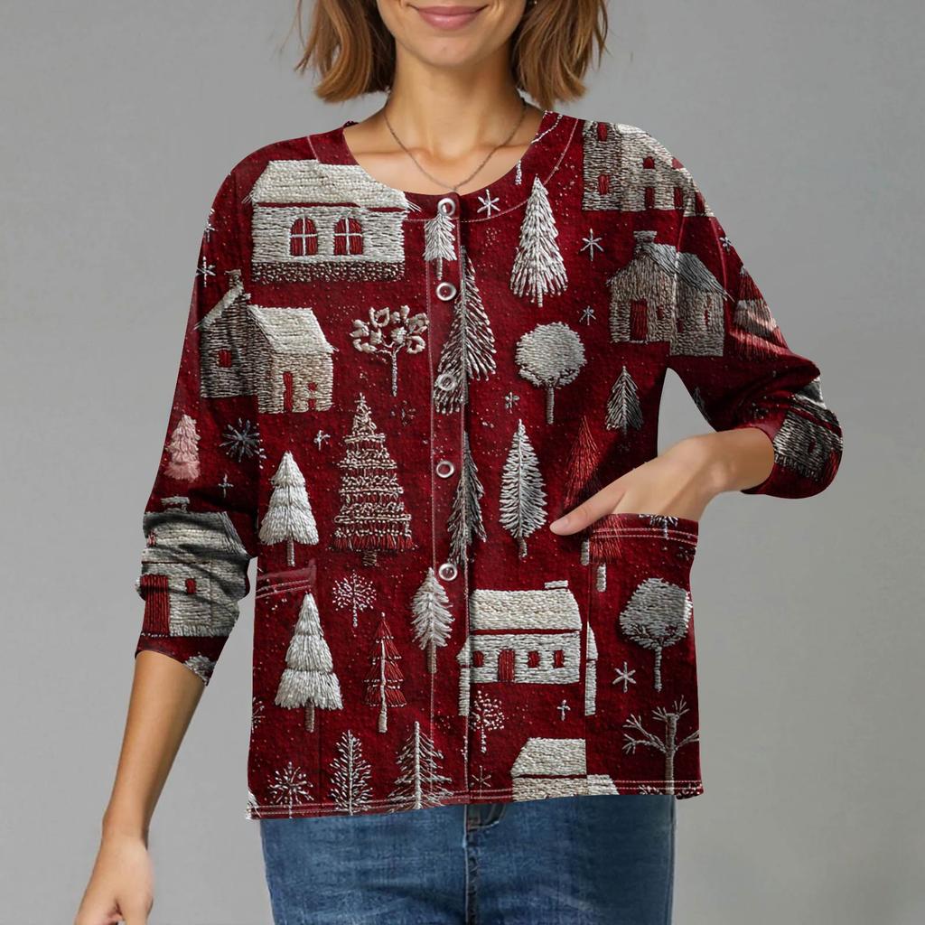 Women's Casual Long-Sleeved Single-Breasted Christmas-Themed Print  Cardigan