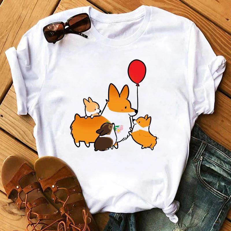 Maycaur Funny Cute Corgi Dog Printed TShirt Harajuku 90s Kawaii Women Short Sleeves T Shirts Tops Graphic Tees Female Tshirt