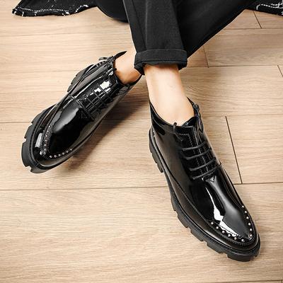High-top Light-soled Black Fashion Short Boots Spring and Autumn Korean Version Casual Platform Men's Shoes Youth Lace-up Domineering Leather Shoes