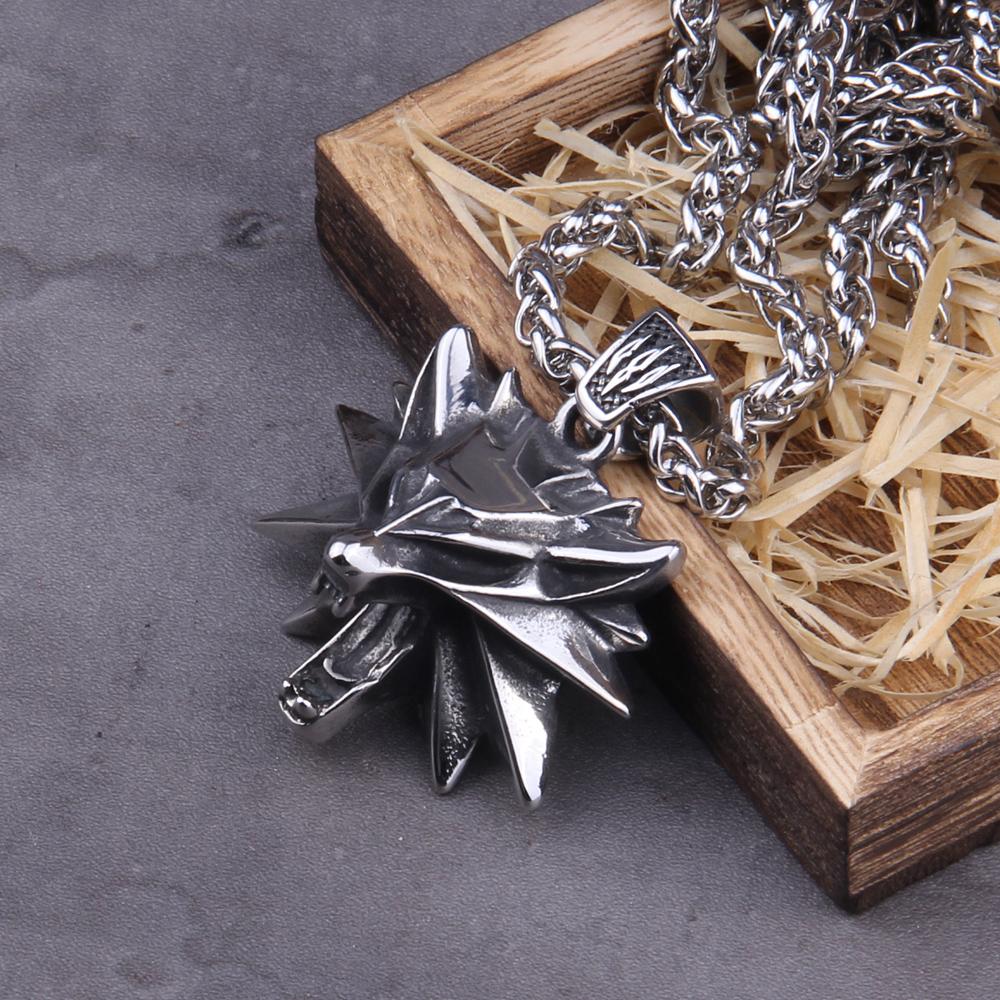Stainless Steel Viking Necklace Wizard 3 Wild Hunt Pendant Geralt Wolf Head Jewelry with Wooden Box Gift