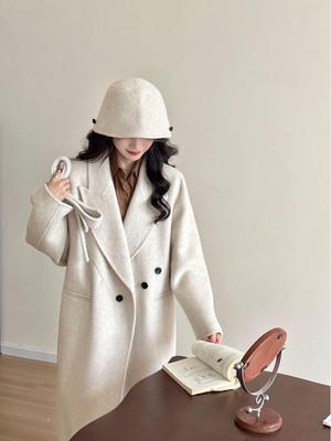 Women's Double-Sided Wool Coat with Hood and Pockets - Autumn/Winter 2025 Korean Drama Style