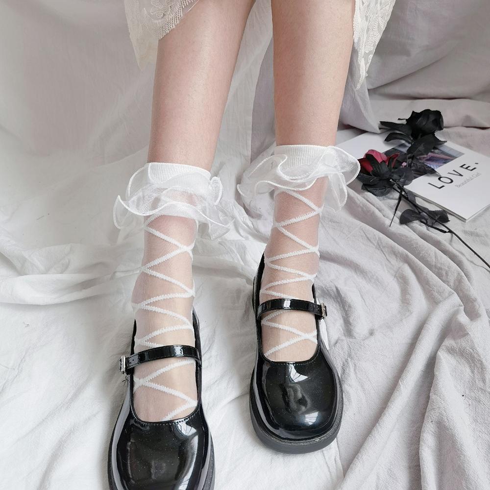 Women Lolita Organza Ruffle Ankle Socks, Summer Sheer Glass Silk Crisscross Strap Mesh Socks, Japanese Sweet Cosplay Short Socks