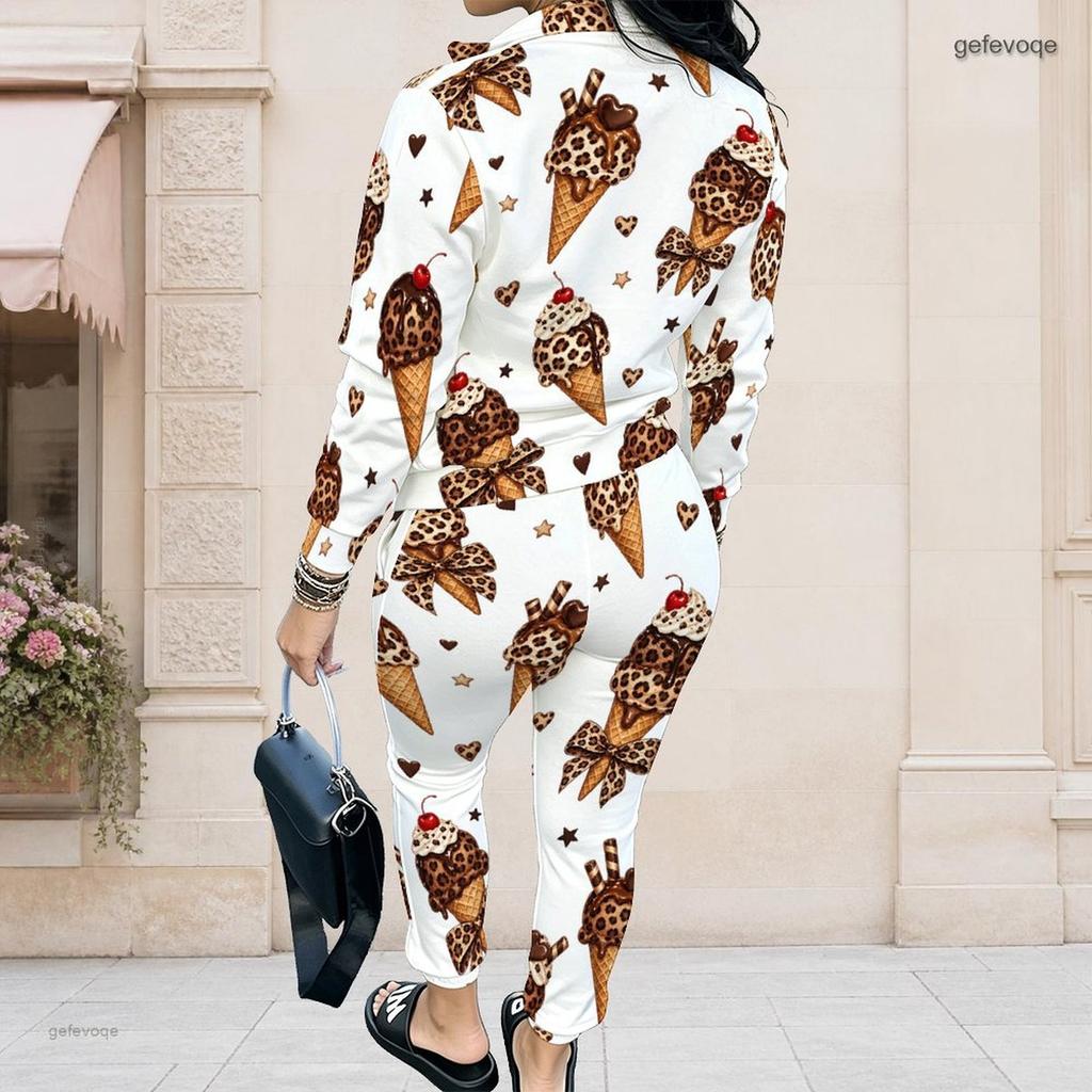 Women Plus Size White Printed Long Sleeve Zip Front Jacket And Long Pants Set