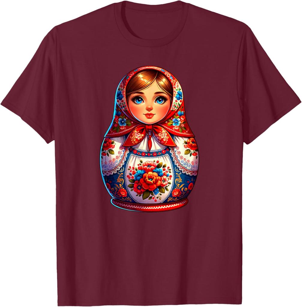 Matryoshka Doll Russian Folk Art Print Short Sleeve Graphic Tee Men Casual Breathable T-Shirt