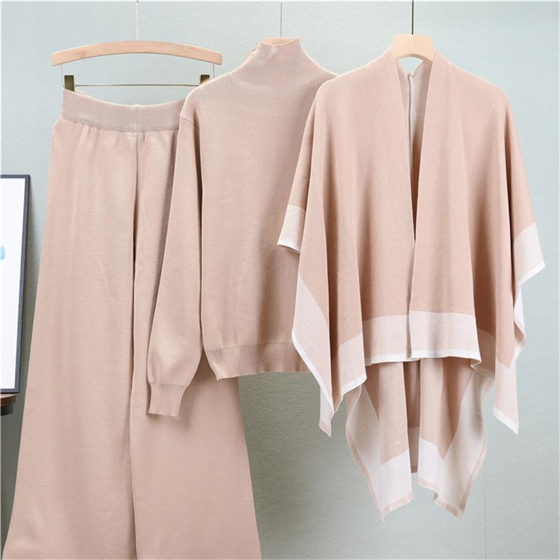 Women's Autumn Shawl Knitted Sweater Loose Wide Leg Pants Three Piece Suit Fashionable Casual Jacket Sweater Suit