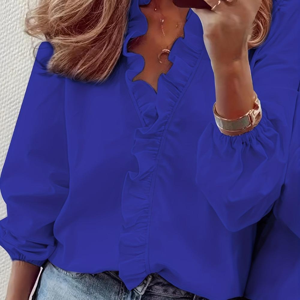 women's Loose Ruffled V Neck Blouse Solid Color Long Sleeve Shirt Elegant Commute Casual Wear Tops