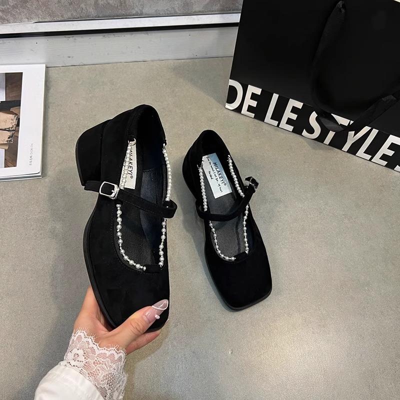 Fashion Single Shoes Spring New Square Head Leopard Print Suede Shallow Mouth Bead One Line Buckle Non-slip High Heels