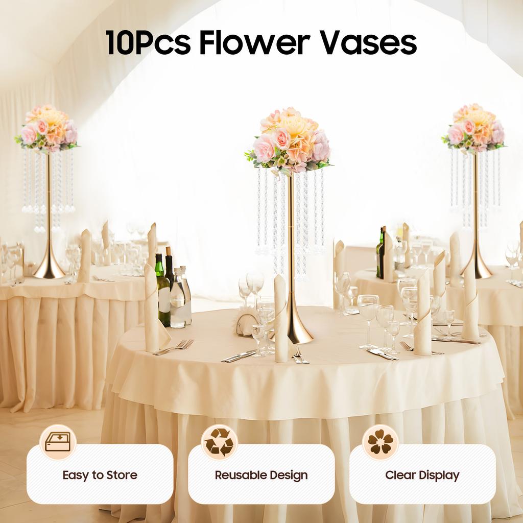 10Pcs Gold Flower Stands, 21.9 Inch Tall Wedding Centerpieces - Elegant Acrylic Crystal & Iron Floor Vases for Tabletop Decor