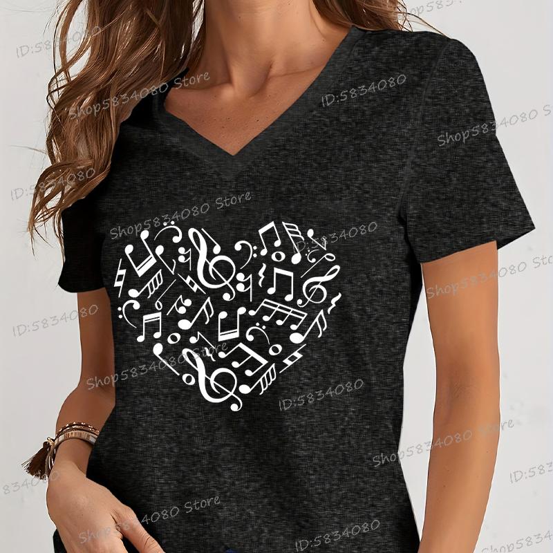 Womens T Shirt Music Notes Heart Print Short Sleeve Daily V Neck Tshirt Music Teacher Gift Tees Music Lover Fashion Streetwear