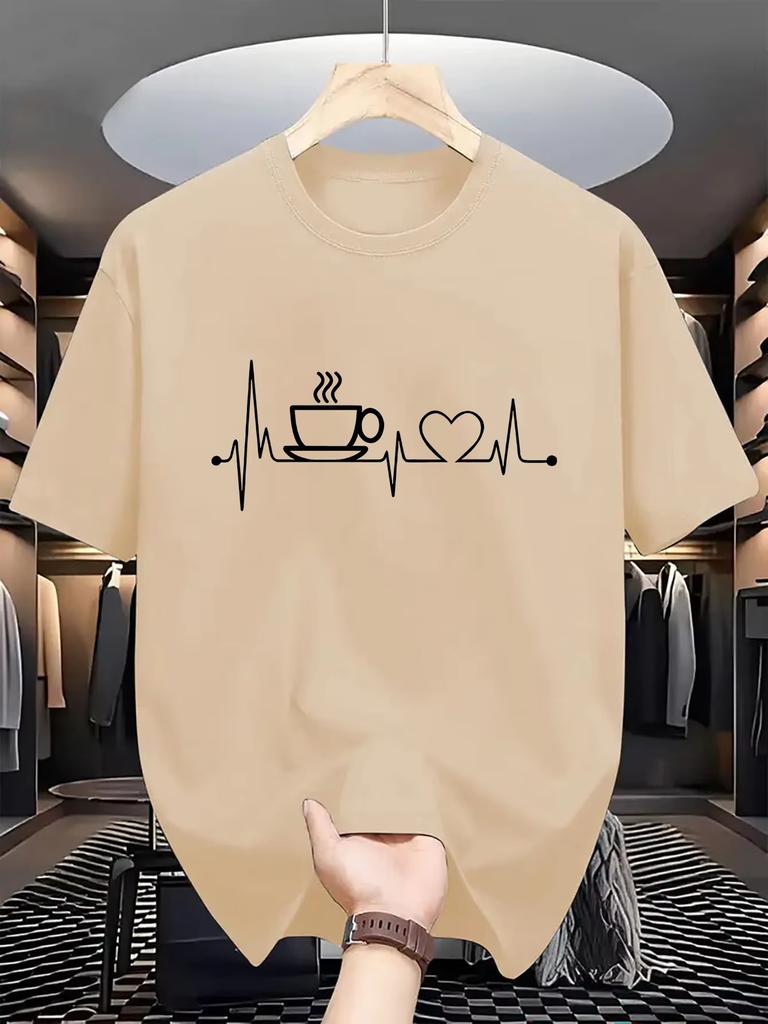 2026 Unisexs Summer Fashionable Casual Loose Oversize Coffee And Heartbeat Pattern Printed O Neck Short Sleeve Tshirt Tops Unisex