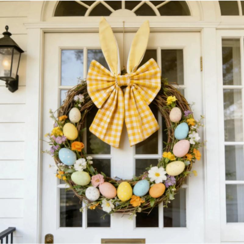 40cm Easter Bunny Ears Wreath Bow Rustic Buffalo Plaid Easter Bows for Wreaths Spring Holiday Fabric Decorative Bow for Tree Topper