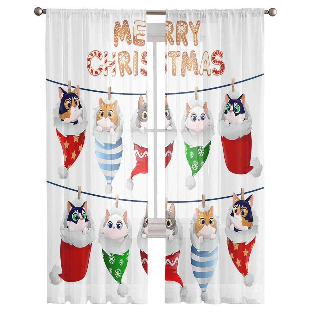 Christmas Santa Hat Cat Sheer Curtains For Kids Bedroom Living Room Voile Curtains Xmas Kitchen Tulle Curtain