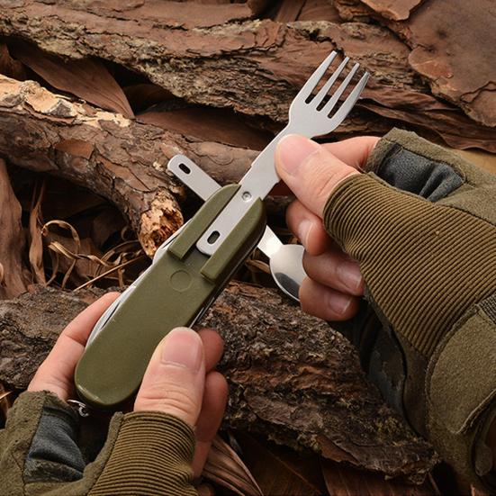 1 Set Folding Cutlery Reusable Easy To Carry Stainless Steel Outdoor Picnic Portable Spork Spoon Knife with Bag Tent Equipment