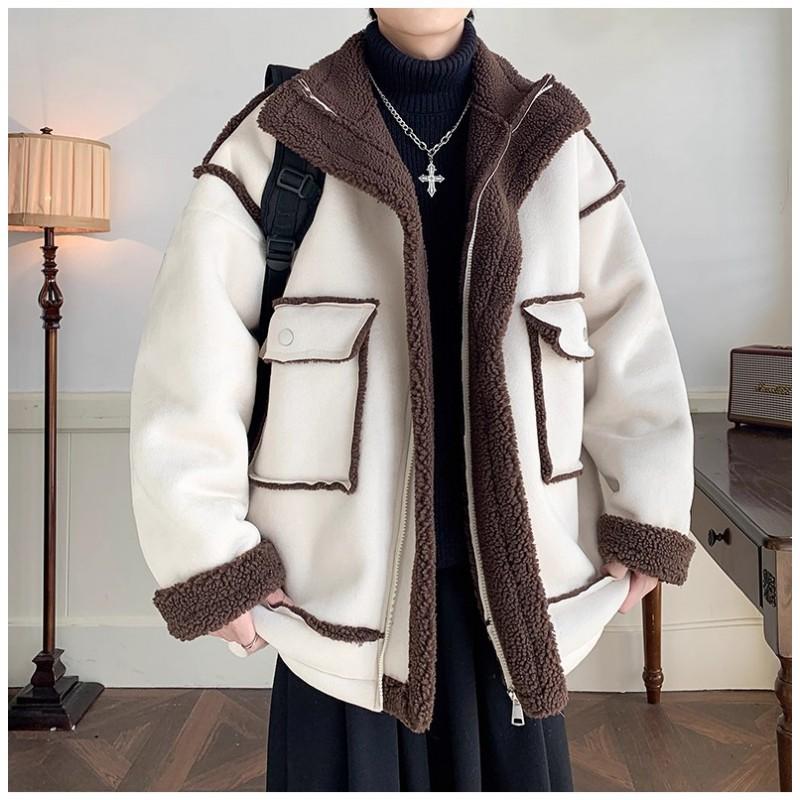 Mens Solid Color Lamb Fleece Puffer Jacket Winter Warm Plus Size Casual Cotton Coat