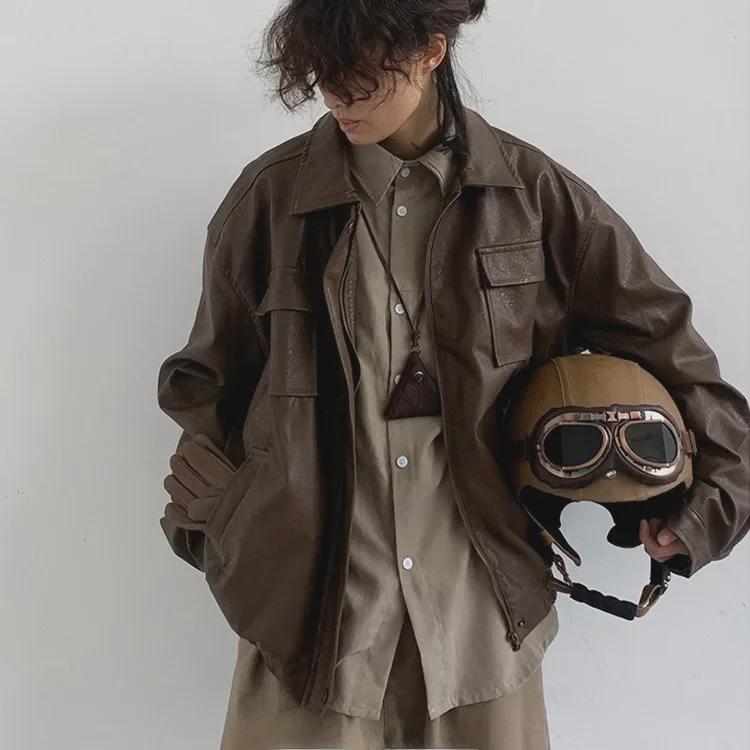 

Унисекс ретро японский стиль свободная куртка из искусственной кожи мотоцикла L (55-65 kg) кофейный