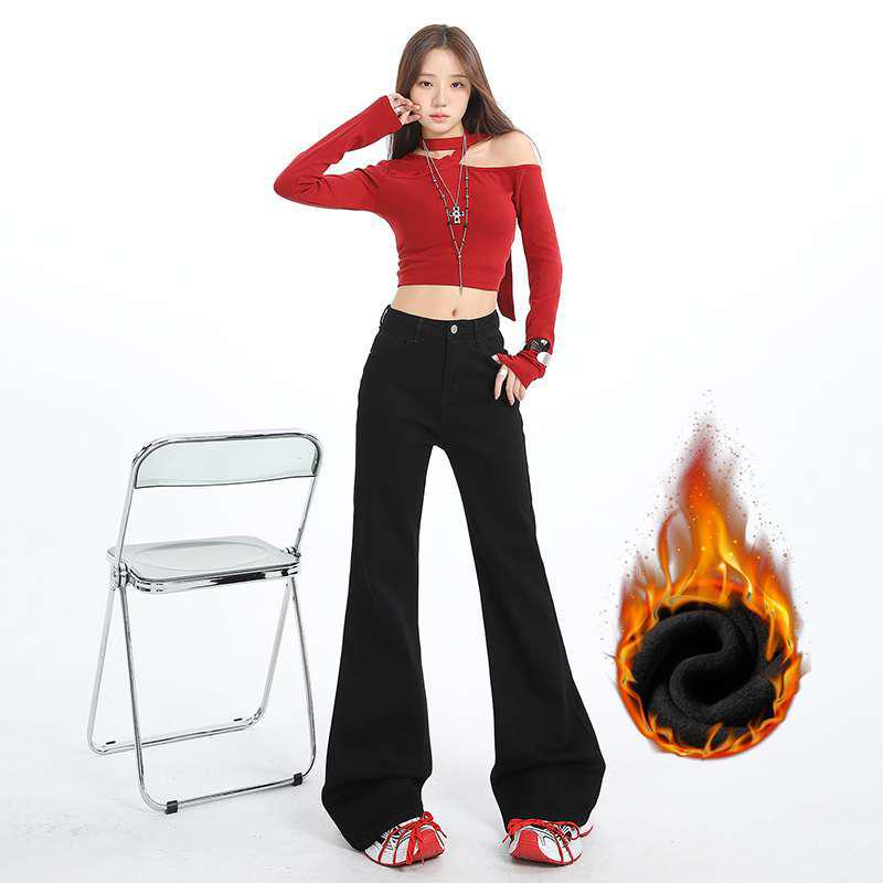 High Waist Black Flared Jeans - Plush, Thickened, and Slimming for Autumn/Winter Medium