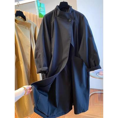 High End Stand Up Collar Outwear Spring Plus Size Women's Casual Loose Mid Long Windbreaker Lining Jacket Khaki Black Top