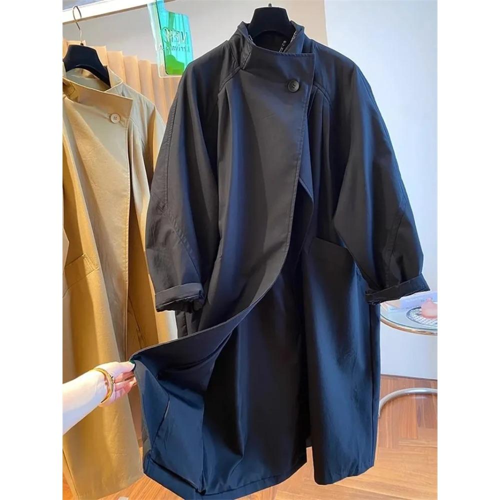 

Высококачественная верхняя одежда с воротником-стойкой, весенняя, большого размера, женская, повседневная, свободная, средней длины, ветровка, подкладка, куртка цвета хаки, черный топ 3XL чёрный