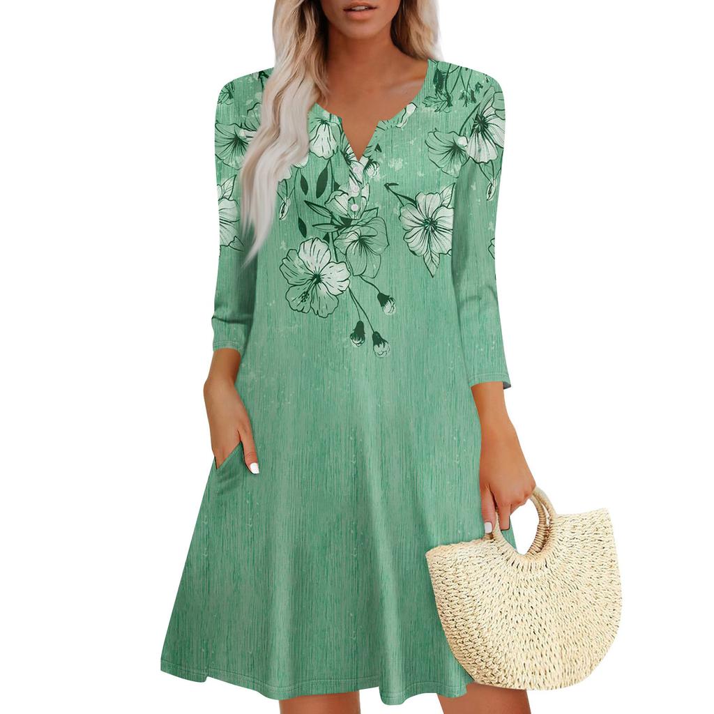 Women's Summer Dress Loose V Neck Three-quarter Sleeve Sundress With Pockets Dress
