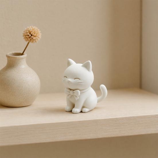3D Printed Cute Cat Ornament, Mini Size Matte White Cat Figurine with Bow Tie, Desktop Decoration for Home Office Car, Small Gift for Cat Lovers