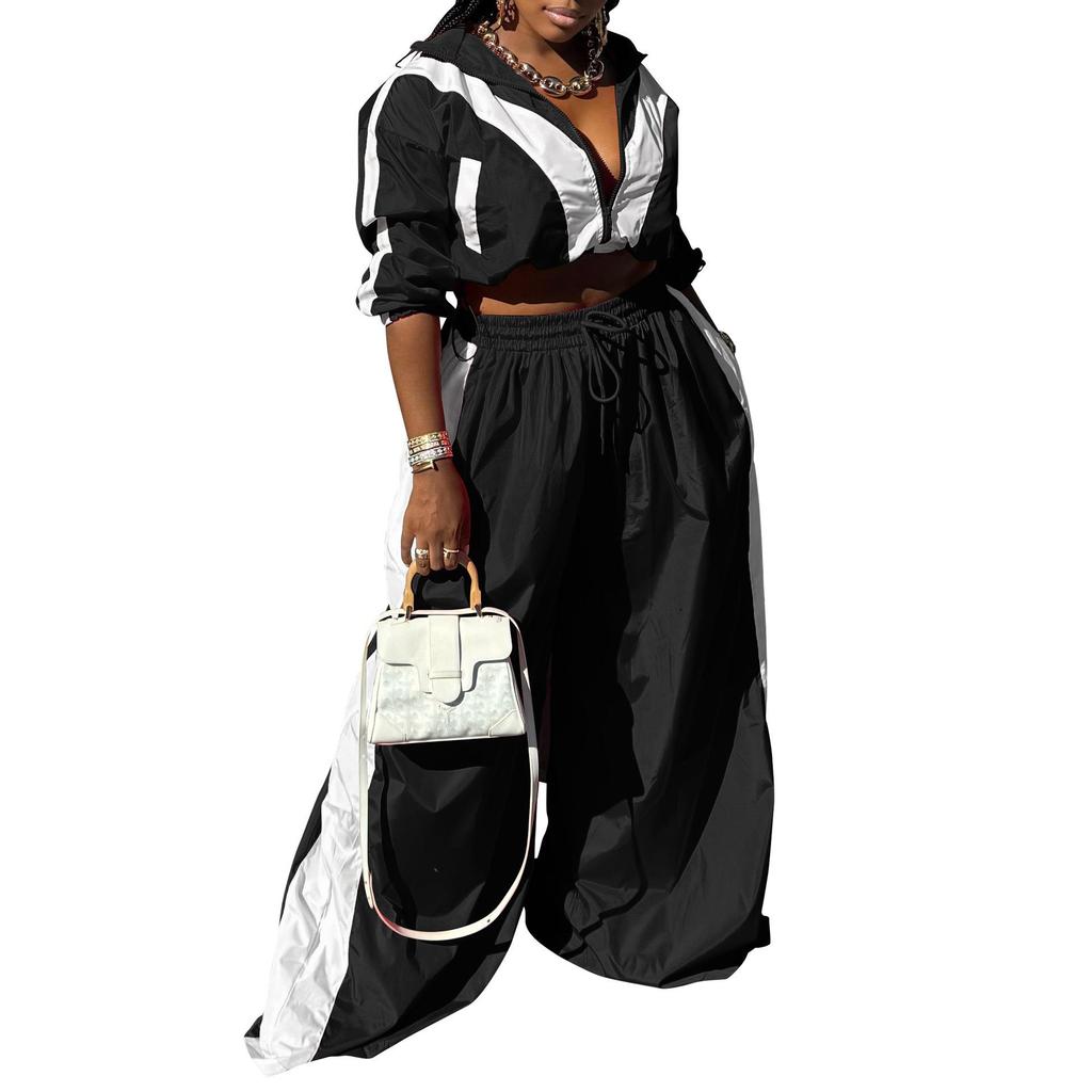 AL297 Women's Patchwork Sports Suit: Woven Loose Jacket & Two-piece Set for Spring and Autumn