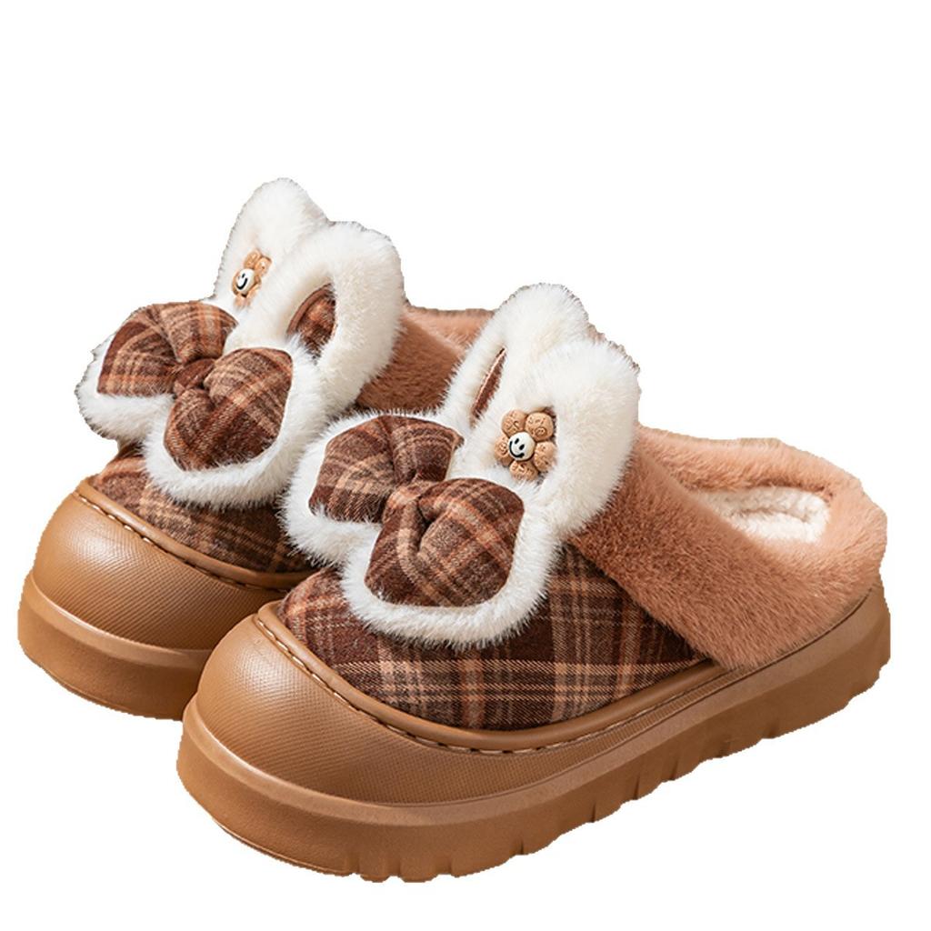 Cotton slippers winter indoor thickened bottom bow cute velvet warm outer wear fluffy slippers