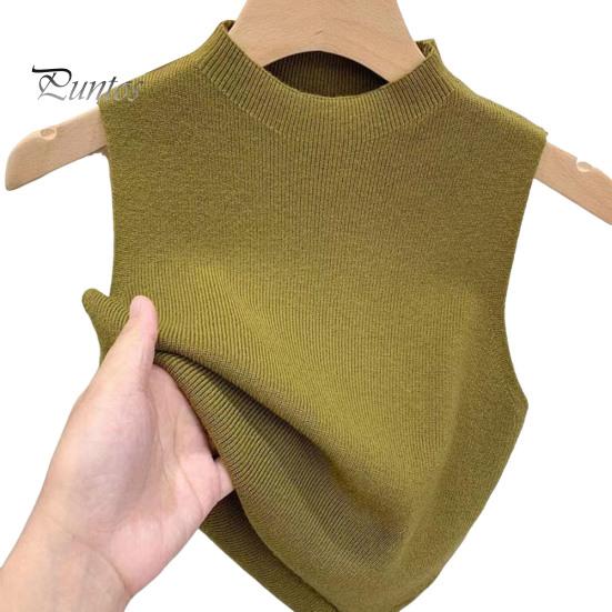 Dámské pletené vestové topy Slim Fit Polovysoký límec Bez rukávů Jednobarevná elastická pletená halenka Denní nošení