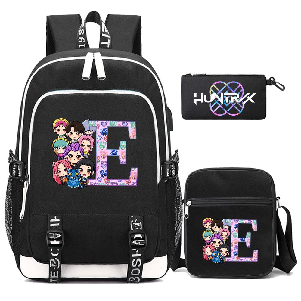 3Pcs/set 26 English Letter Kpop Printed Backpack with Shoulder Bag Pencil Case for Teenager Girl Boy Bookbag Large Capacity Waterproof Travel Bag