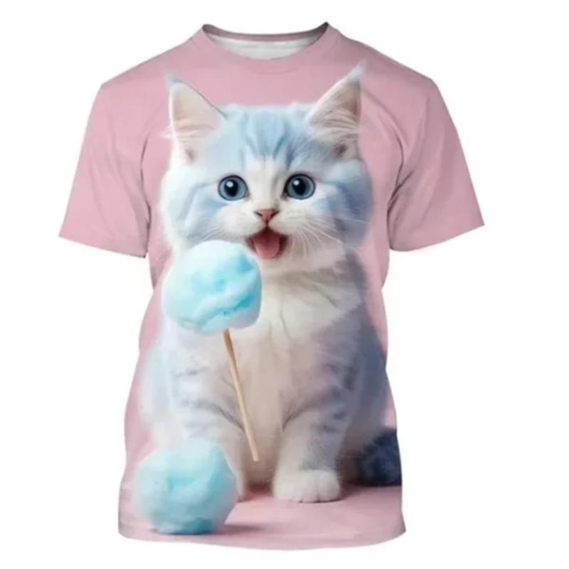 Summer 3D Cat Fashion Printed T-shirt Cute Animal Theme Men Women Casual Comfortable Short Sleeved Round Neck T-shirt