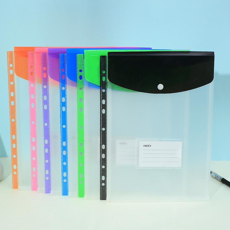 11-Hole 3D A4 Transparent Snap-Button File Bag with Card Holder - Colorful Student Document Organizer