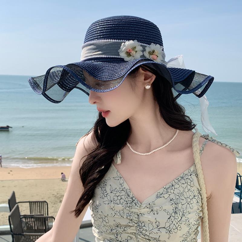 New hat women's summer small fresh straw hat sweet streamer beach hat vacation sunshade sun hat