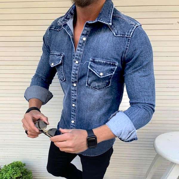Versione Coreana Slim Fit Casual Misto Cotone Manica Lunga Lavato Vecchio Jeans Camicia da Uomo Giacca alla Moda