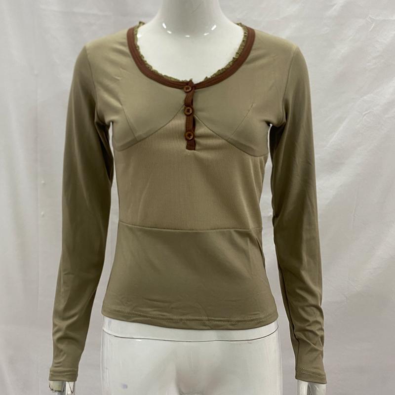 

Y2K spring and summer comfortable V-neck casual solid color button splicing slim fit long sleeved top L хакі