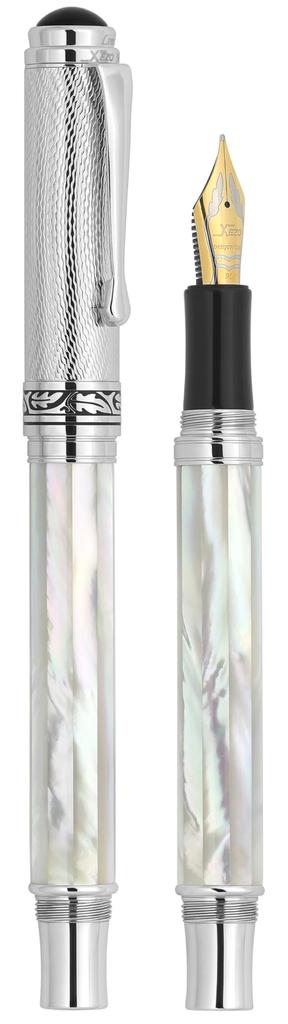 Xezo Maestro Fountain Nib Gift of Writing White Unique Pen, Medium-Fine (0.45mm), Series, Mother-of-Pearl, Guilloched, Handmade, Serialized,
