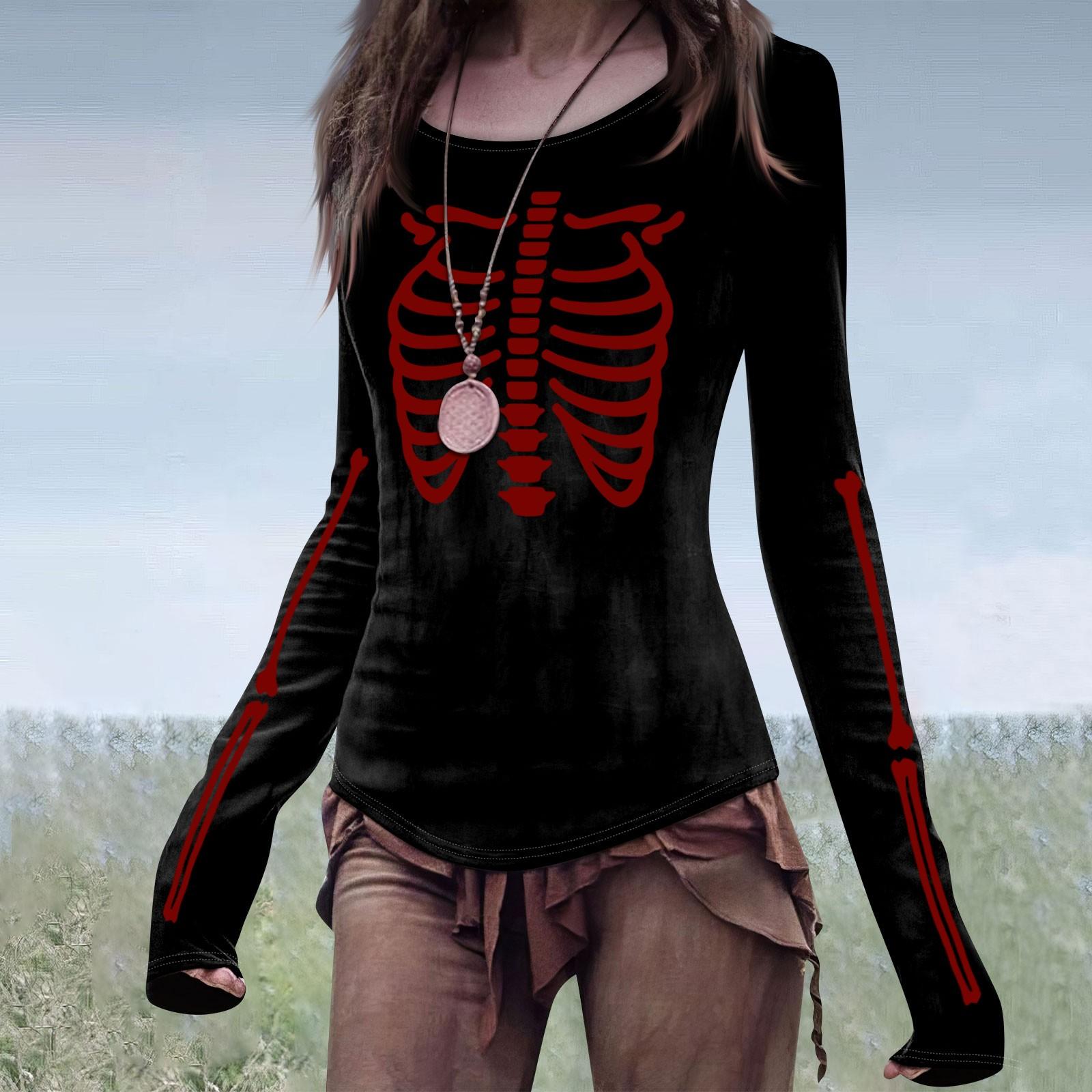 

Женская мода повседневный Mori Slim с длинным рукавом Хэллоуин принтованный круглый вырез обычный топ S винный