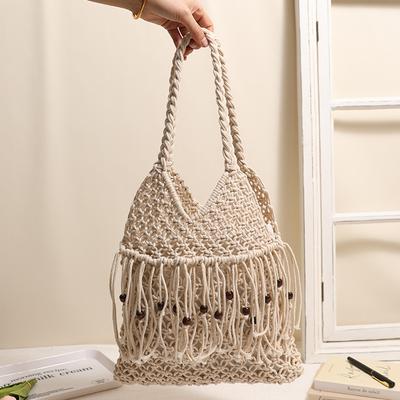 Cotton Thread Hollow Out Bead Woven Shoulder Bag Casual Large Capacity Handbag Fashionable Tassel Design Beach Bag