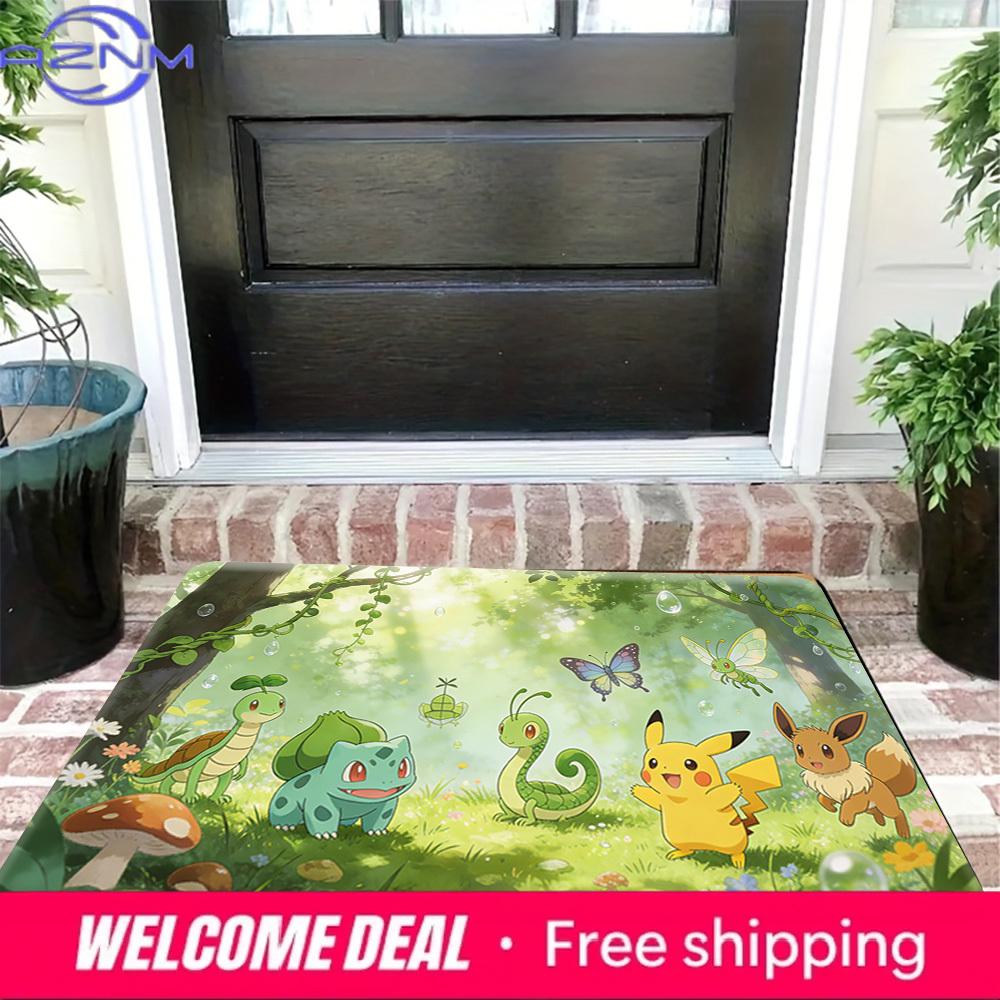 Pokemon Pikachu Bulbasaur Eevee Forest Adventure Print Doormat Non-Slip Absorbent Floor Mat for Indoor Entrance