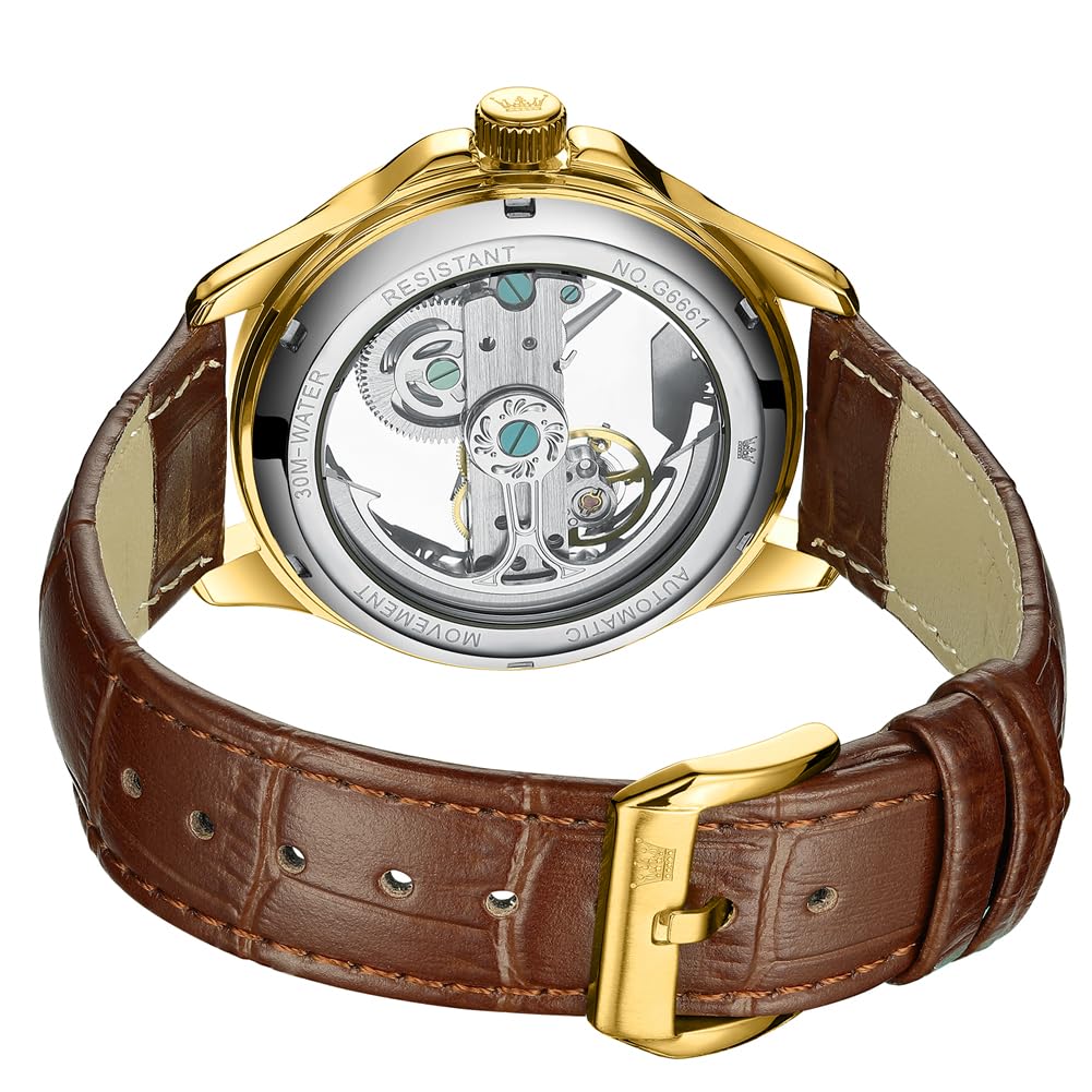 OLEVS Men's Mechanical Watch Automatic & Manual Winding Transparent Skeleton Leather Strap Fashion Stylish Men's Watch Genuine Leather Night Glow