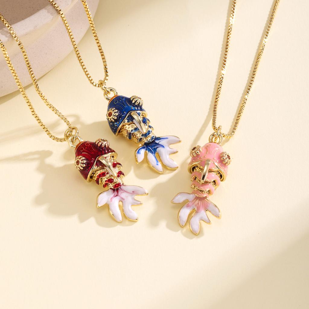 Nidin Cute Enamel Crystal Zircon Koi Fish Pendant Necklace Vintage Goldfish Chain Choker Lucky Animal Jewelry For Women Girls