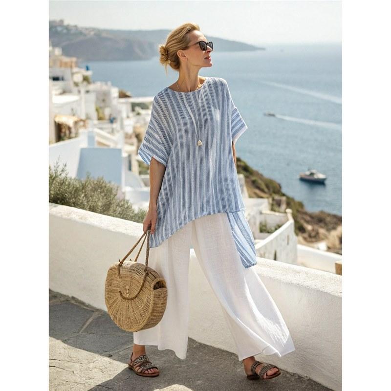 Y1 Short Sleeve Shirt Set Fashion Digital Printing Women's Loose Crew Neck Top High Waist Pants Two-piece Set