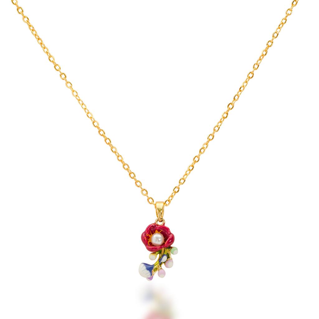 European and American new fashionable exquisite oil drop enamel pearl flower pendant necklace women's high-end collarbone chain