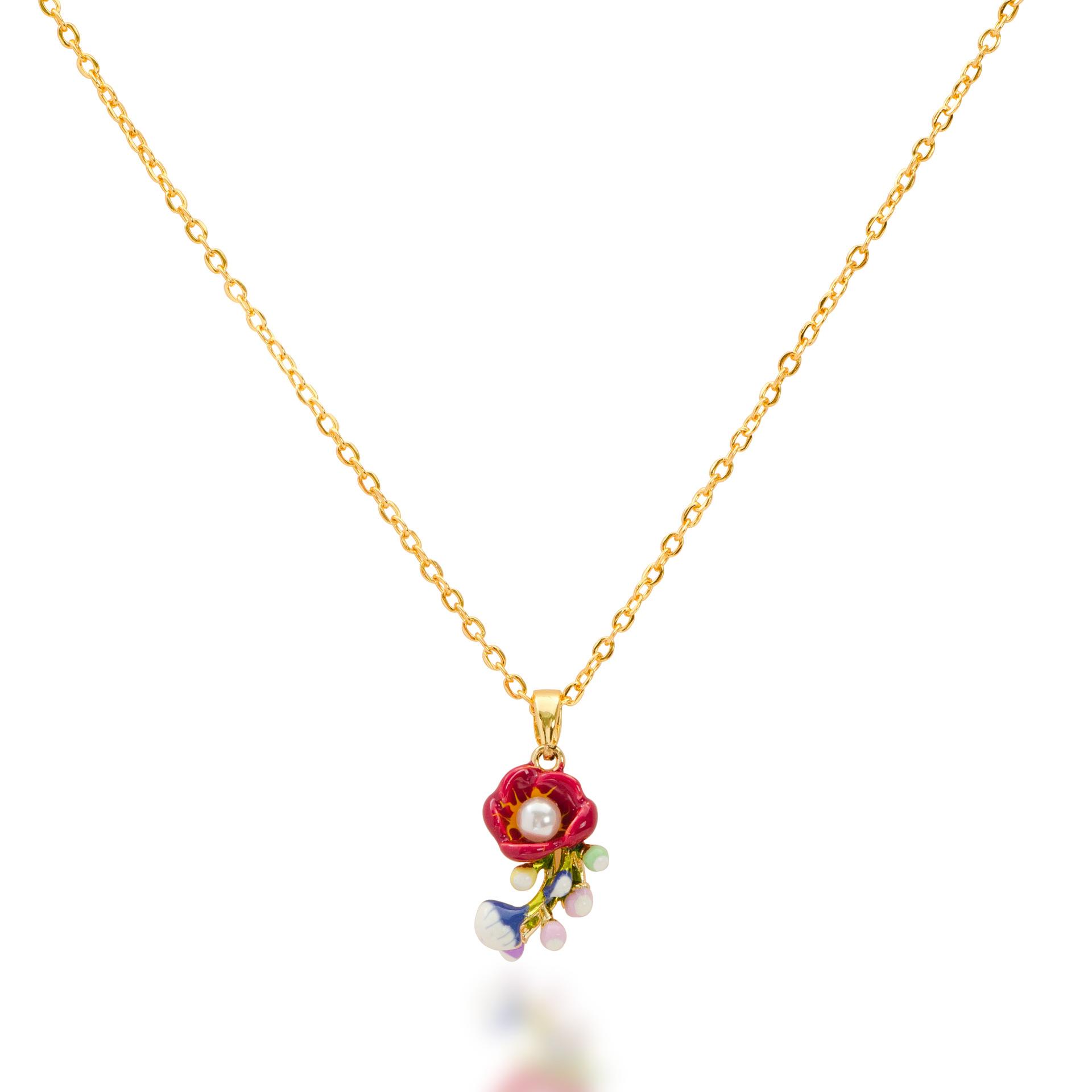 

European and American new fashionable exquisite oil drop enamel pearl flower pendant necklace women s high-end collarbone chain