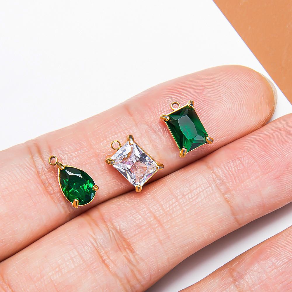 10pcs 5pcs Gold Color Stainless Steel Zircon Pendants Green Transparent Crystal Charms Beads for Necklace Jewelry Making DIY
